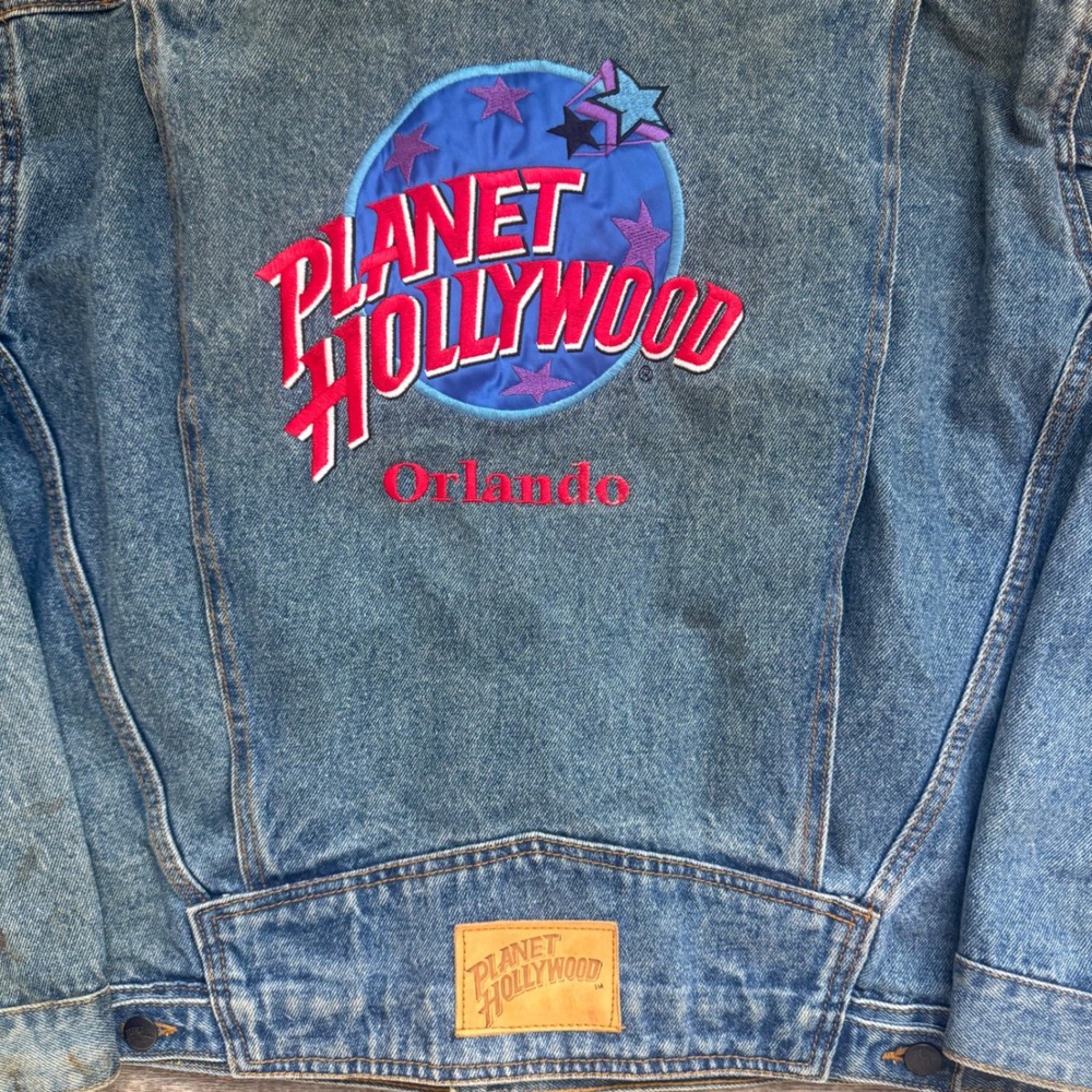 Planet Hollywood Orlando Denim Trucker Jacket L Distressed Blue Embroidered Back - Picture 10 of 10